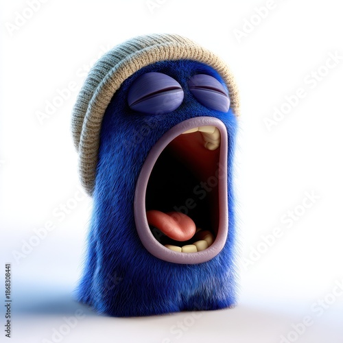 A sleepy monster with droopy eyes yawns, showcasing its adorable and whimsical charm against a pure white background.