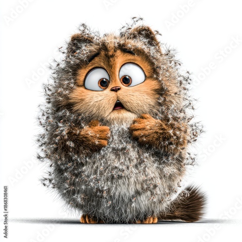 A surprised fluffy cat with puffed cheeks and raised tail, displaying an adorable expression against a white background.