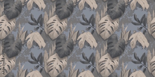 A serene and stylish botanical pattern featuring lush tropical leaves in muted colors.
