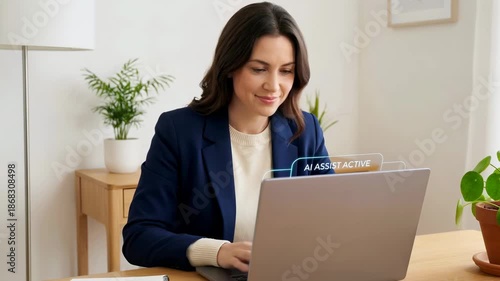 Woman using laptop with AI assist active for business productivity and modern digital work at home or office