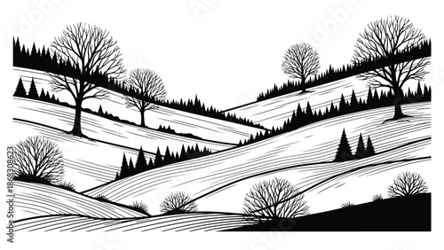 A serene landscape illustration of rolling hills and sparse trees in monochrome