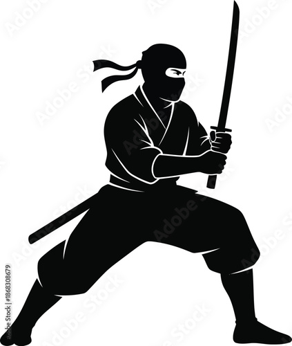 Silhouette of a ninja warrior holding a katana in a fighting stance