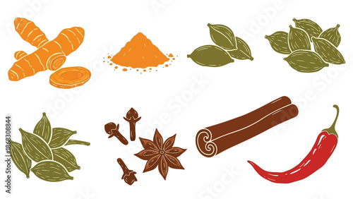 A colorful assortment of spices turmeric cinnamon chili and more