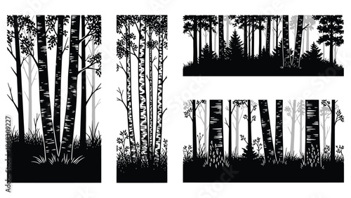 Silhouetted forest scenes a collection of four black and white tree landscapes