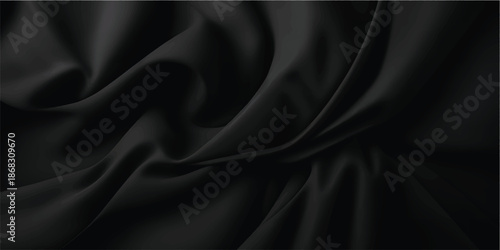 Luxurious black satin drapes elegantly with soft folds and flowing curves, creating a smooth and sophisticated texture for backgrounds.