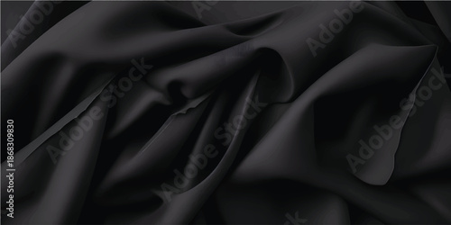 Black satin fabric creating smooth, elegant waves and folds. Providing a luxurious texture background with ample copy space