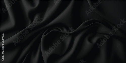 Elegant close-up of flowing black silk fabric with smooth, soft folds and subtle reflections. The luxurious texture and gentle lighting create a refined, sophisticated background ideal for design and