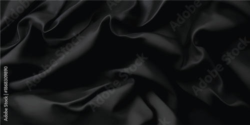 Elegant close-up of flowing black silk fabric with smooth, soft folds and subtle reflections. The luxurious texture and gentle lighting create a refined, sophisticated background ideal for design and