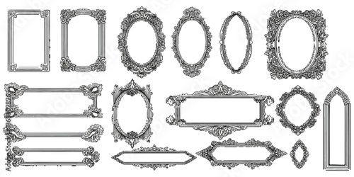 Collection of vintage ornate decorative frames in various shapes for design elements