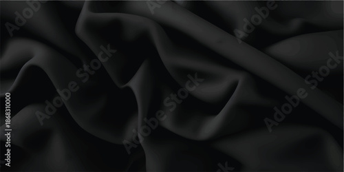 Black silk satin. Shiny smooth fabric. Soft folds. Luxury background with space for design. Flat table, top view