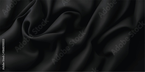 Black silk satin texture background with beautiful soft fabric folds and smooth elegant waves forming a luxury abstract surface with copy space for creative design, advertising and branding projects