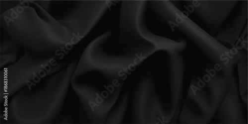 Black silk satin texture background with beautiful soft fabric folds and smooth elegant waves forming a luxury abstract surface with copy space for creative design, advertising and branding projects