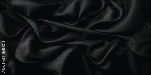 Premium black satin silk fabric background with smooth shiny waves and soft flowing folds creating an elegant luxury texture for fashion visuals, cosmetic ads and modern branding projects
