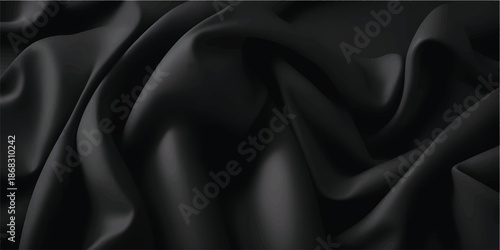 Premium black satin silk fabric background with smooth shiny waves and soft flowing folds creating an elegant luxury texture for fashion visuals, cosmetic ads and modern branding projects