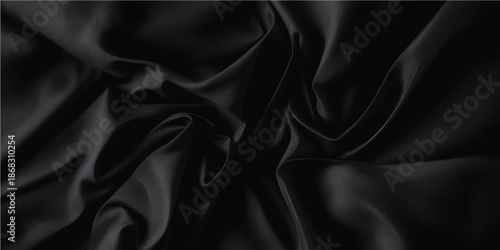 Luxury black silk satin fabric texture with flowing smooth folds and glossy waves forming an elegant premium background for fashion design, high end branding, packaging and digital artwork