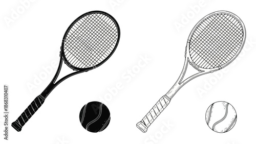 Two tennis rackets a ball and a detailed illustration of sports equipment