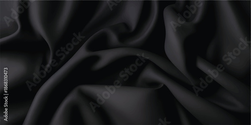 Luxury black silk satin texture with soft flowing fabric waves and glossy highlights forming an elegant premium background for fashion branding, advertising, packaging and digital design use