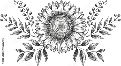 Vintage sunflower floral arrangement with detailed woodcut line art and botanical leaf elements for rustic wedding decor