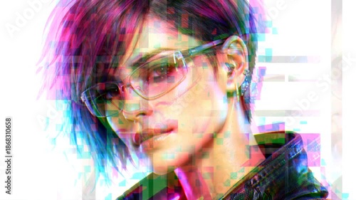 Portrait of a cyberpunk girl transforming into pixel and glitch animation. Noise video art.