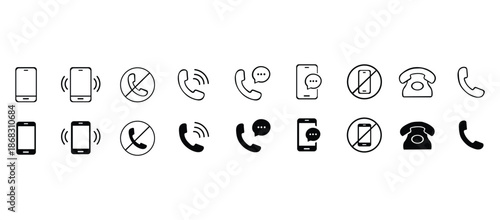 Phone icon set. Contact us symbol. Telephone call sign. Cell phone, ringing phone pictogram isolated on white background. Vector illustration.