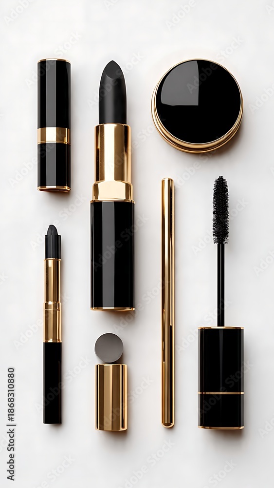 Obraz premium Elegant Black and Gold Makeup Collection on Flat Surface for Display