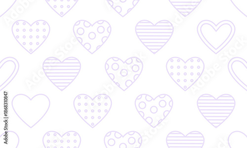 Outlines drawing hearts on a white background. Seamless pattern under clipping mask. Isolated pale lilac outline. Gentle background for paper, cover, textile, card, wallpaper.