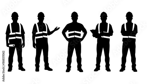 Illustration of five construction workers wearing hard hats and safety vests standing in a row isolated | editable eps vectors silhouette
