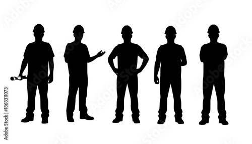 Illustration of five construction workers wearing hard hats and safety vests standing in a row isolated | editable eps vectors silhouette

