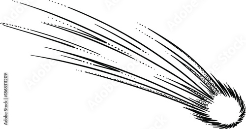Engraved comet or meteor illustration with motion trail and stardust for astronomical science concept