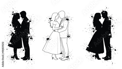 Abstract black and white silhouettes of couples embracing and connecting