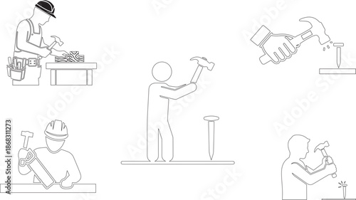 Carpenter icons collection, including handyman with a hammer and a wood project line art illustration set of professional construction worker figures for home renovation and industry design needs
