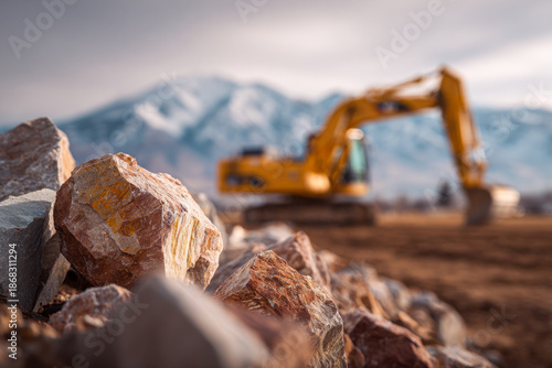 Large rocky stones in the foreground with a blurred yellow excavator and snow-capped mountains in the background during a cloudy day at a construction site