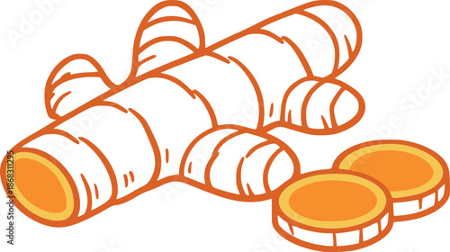 Hand drawn line art illustration of turmeric depicting a whole root and sliced pieces for culinary use