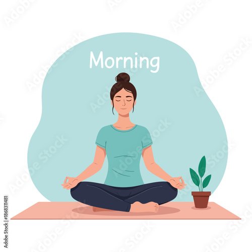 Woman meditating in lotus pose on yoga mat for morning wellness