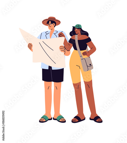 Lost tourists navigate with paper map. Couple travels together, searches for path. People are in summer trip, look for route, direction to destination. Flat isolated vector illustration on white