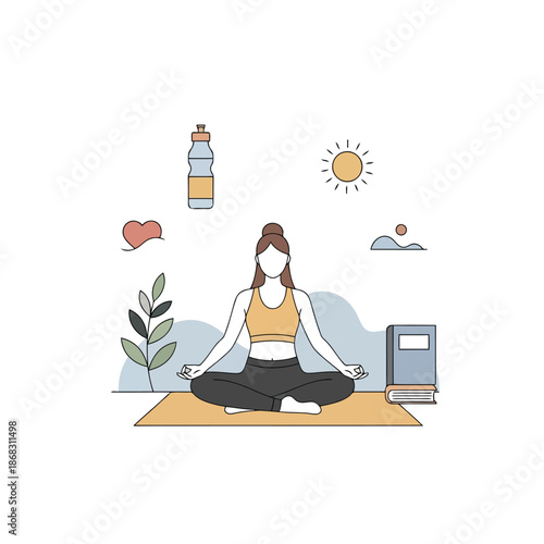 A woman practices yoga in a calm and sunny outdoor setting