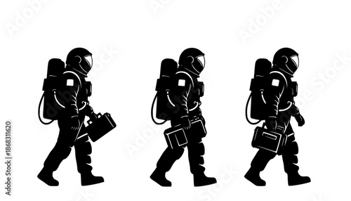 Three astronauts in silhouette walking with equipment on a white background in a vector image
