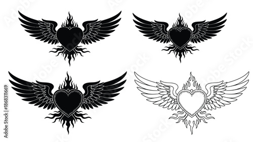 Four designs featuring heart and wing motifs both in dark and light styles
