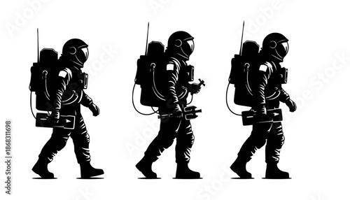 Three astronauts in silhouette walking with equipment on a white background in a vector image
