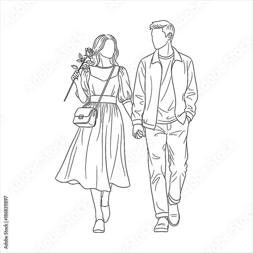 Couple walking hand in hand with rose lie art illustration