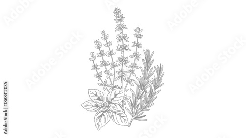 Detailed botanical illustration of basil plant with leaves and flowering spikes