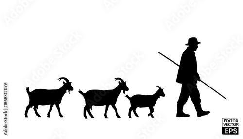 Silhouette of a shepherd walking with a stick and herding three goats in a black and white illustration editable eps vectors
