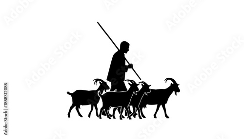 Silhouette of a shepherd walking with a stick and herding three goats in a black and white illustration editable eps vectors
