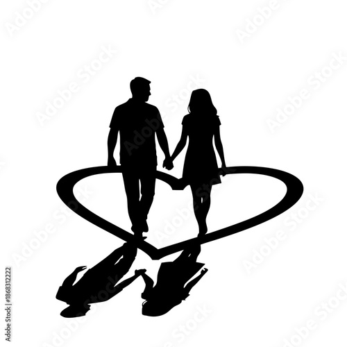 Couple holding hands gazing up at heart-shaped balloons floating in the air