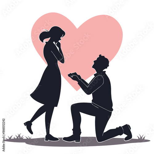 Man kneeling on one knee proposing to woman with a ring in front of a large heart