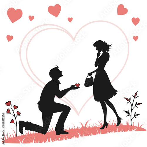 Man proposing to woman with flowers in a loving gesture surrounded by heart shapes