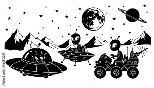 Illustration of two aliens ufo space rover planet stars moon and mountain landscape design vector |eps vectors silhouette
