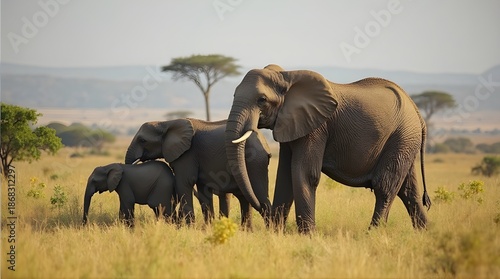Group of elephants walking together across open savanna, symbolizing family bonds and wildlife harmony.