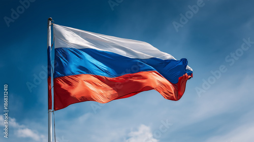 Russia ،  Russian National Flag Waving in the Wind Against Clear Blue Sky, Symbol of Sovereignty, Power, National Identity and Political Authority