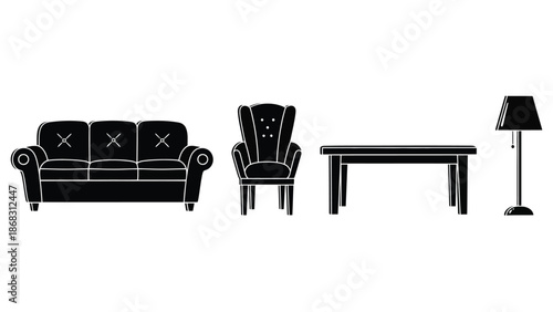Simple black silhouettes depicting a sofa chair table and floor lamp